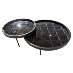 2 Satztisch H 630 Luna Platten MDF Softlack Tiefschwarz Einlage Nero Marquina Schwarz Füße Metall Tiefschwarz Lackiert