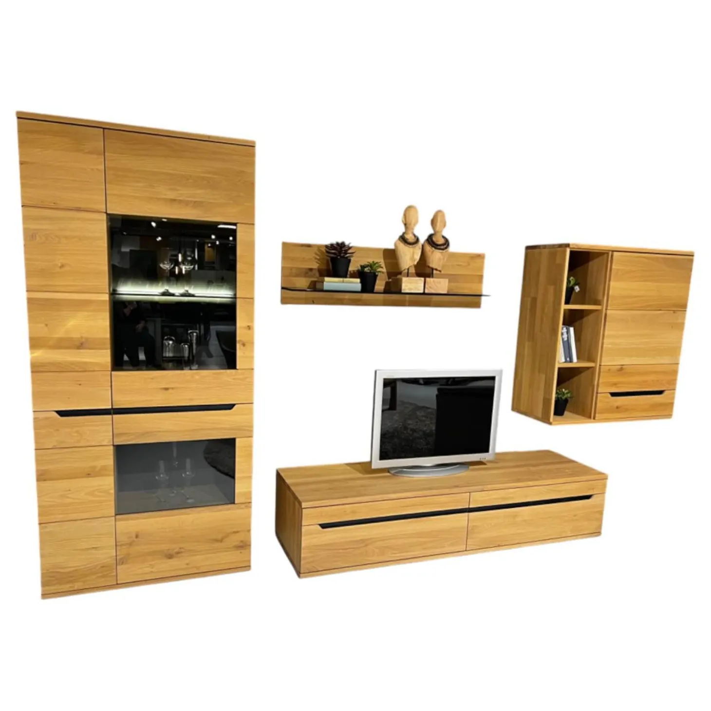 Anbauwand Ameno Wildeiche Massiv Bianco Geölt Inklusive LED Beleuchtung