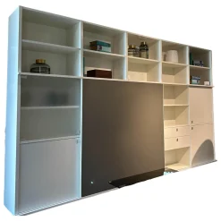 Anbauwand Studimo Lack Matt Kristallweiß Klappgriff Alufarbig Silber Schiebetür Glas Optiwhite Anthrazit