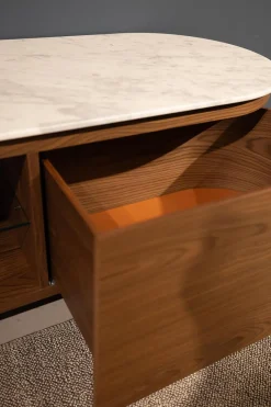 Anrichte Rondos Mamorplatte Bianco Carrara Opaco Weiß Korpus Furniert Amerikanischer Nussbaum Mit Einem Offenen Fach