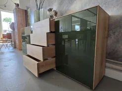 Anrichte Sideboard Farn Korpus Knorrige Eiche Puro Geölt Front Glas 6003 Olivgrün Grün Glänzend