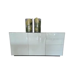 Anrichte Sideboard Novus Korpus Knorrige Eiche Rustikal Natur Geölt Front Glas 7035 Lichtgrau Grau Glänzend