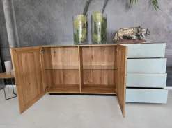 Anrichte Sideboard Novus Korpus Knorrige Eiche Rustikal Natur Geölt Front Glas 7035 Lichtgrau Grau Glänzend