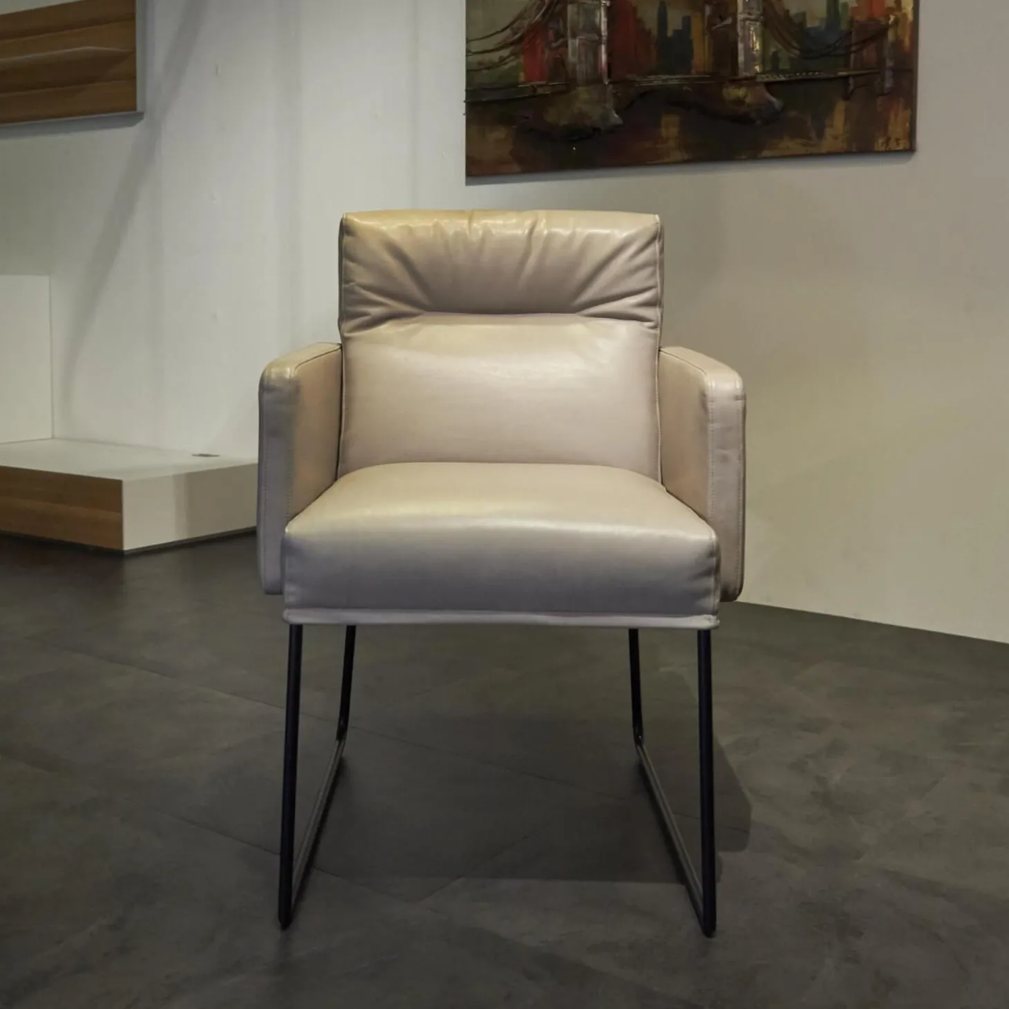 Armlehnstuhl Leder Anilin Steingrau Gestell Schwarz