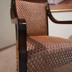 Armlehnstuhl Modell orly 9620mit Sichtholz Stoff Bezug Goldgelb Braun Toul 33 118 Sichtholzgestell Gebeizt und Lackiert