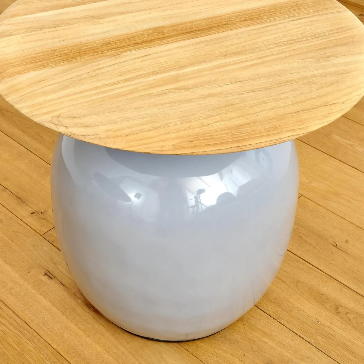 Beistelltisch Blow Low Platte Teak Gestell Keramik Glasiert Smoke Grau