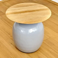 Beistelltisch Blow Low Platte Teak Gestell Keramik Glasiert Smoke Grau