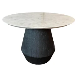 Beistelltisch Ivy Platte Naturstein Weiß Poliert Massivholzkegel Brandeiche Schwarz Geölt