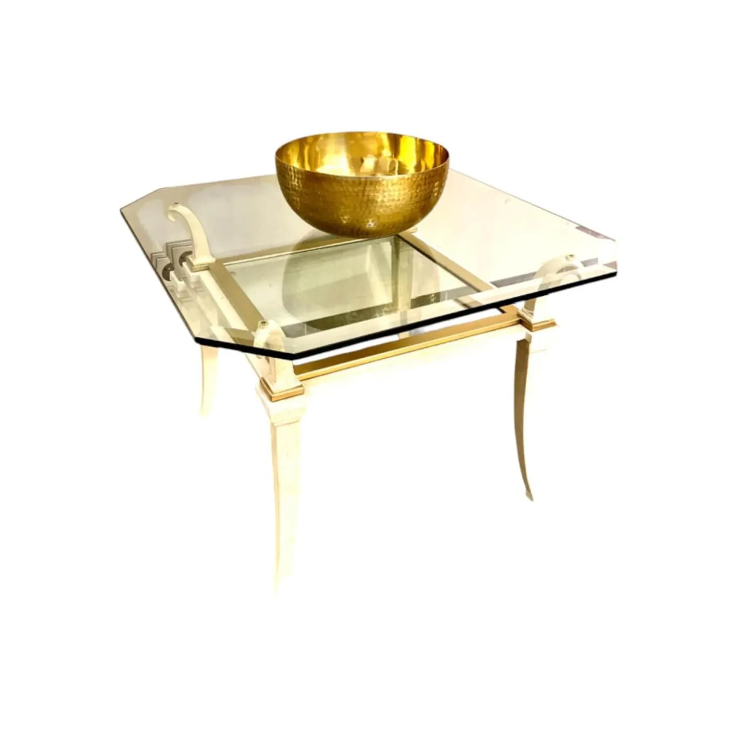 Beistelltisch Sydra Platte Kristallglas Facettenschliff Gestell Eisen Vanille Weiß