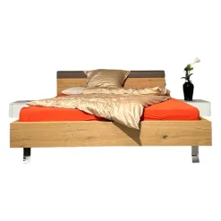 Bett Gentis Eiche Naturstamm Polsterapplikation Leder 5114 Grau Braun Mit Beleuchtung Und Fernbedienung