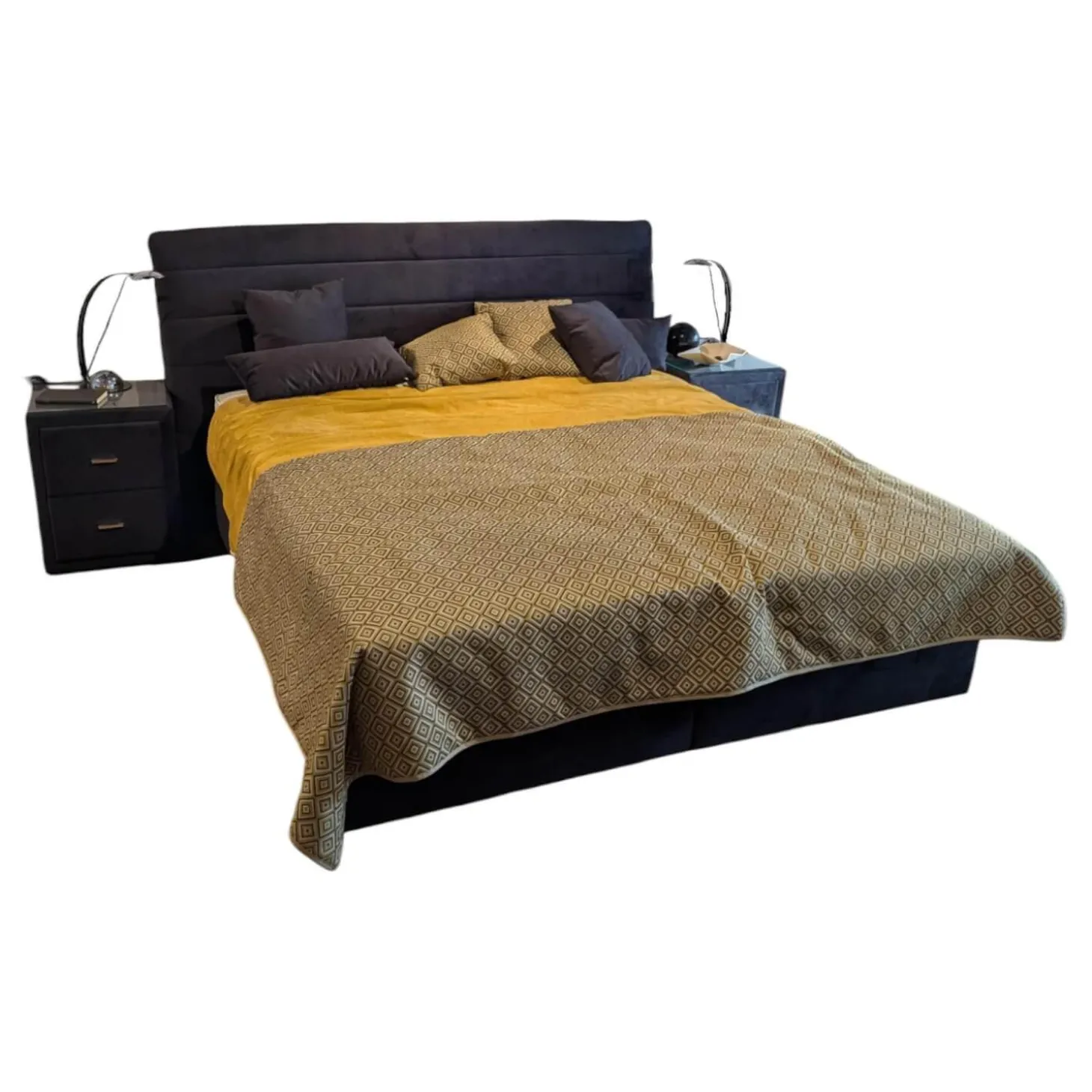 Boxspringbett Virginia Stoff 598100 Uni Schwarz Mit Matratze Topper Intrigiert Inklusive 2 Nachtkonsolen Ohne Dekoration Ohne Lampen