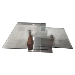 Couchtisch 4383 2342 Tischplatte Kristallglas Säule Colorado Nussbaum Geölt Furniert Und Lack Sand Matt Grau Fußplatte Metall Edelstahlfarbig