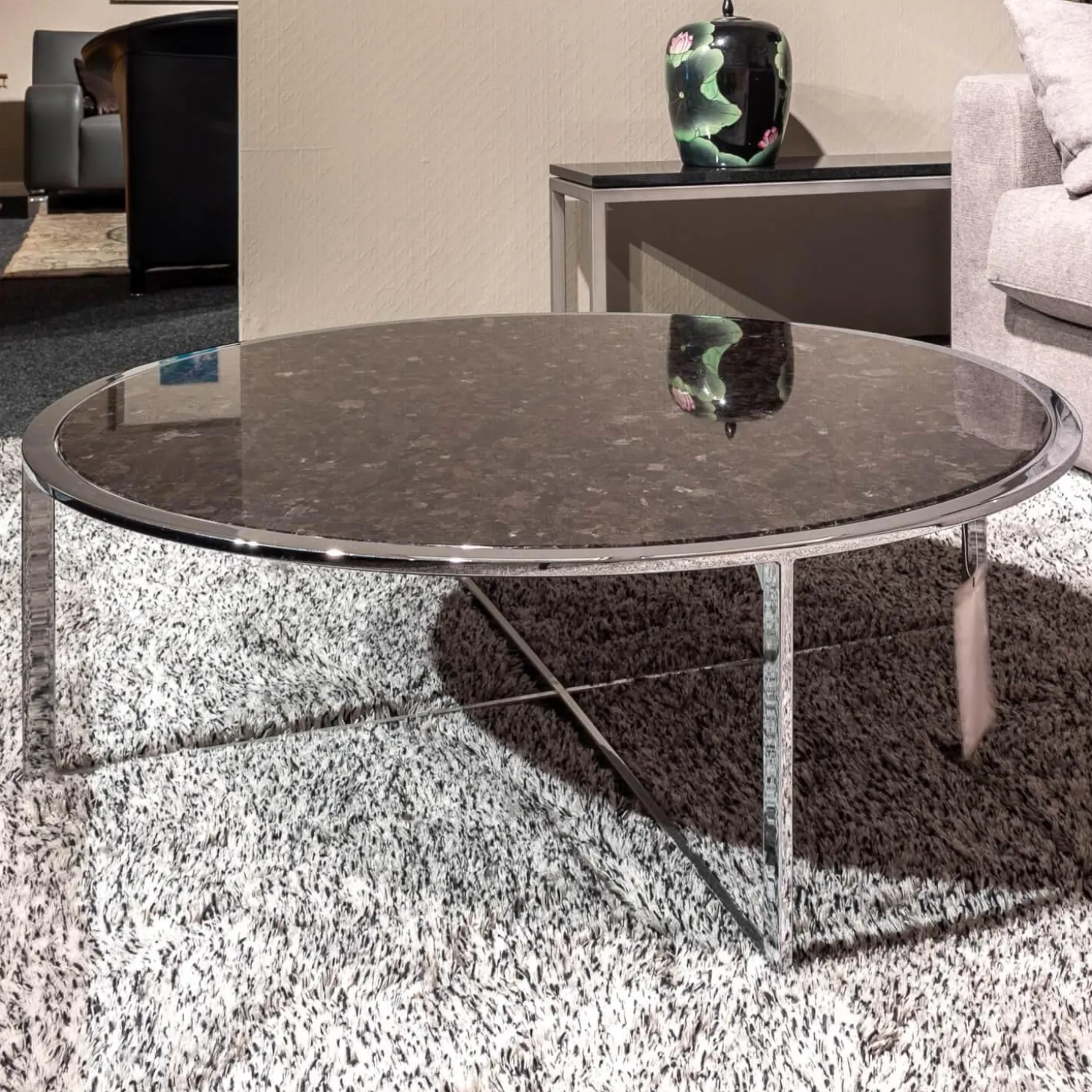 Couchtisch Charme AVK Platte Stein Braun Antico Gestell Hochglanz Chrom