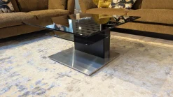 Couchtisch CT409-85 Tischplatte Glas Schwarz Säule Lack Seidenmatt Anthrazit Und Balkeneiche Massiv Gebürstet Und Geölt Fußplatte Metall Edelstahlfarbig