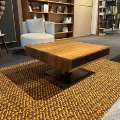 Couchtisch Lift Platte Nussbaum Geölt Bodenplatte Stahl Schwarz Matt Front Farbglas Schwarz