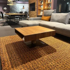 Couchtisch Lift Platte Nussbaum Geölt Bodenplatte Stahl Schwarz Matt Front Farbglas Schwarz