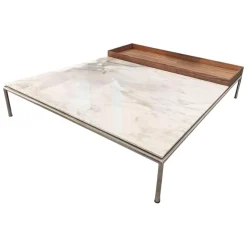 Couchtisch Mex Hi Tischplatte Marmor Calacatta Oro Lucido Weiß Beige Gestell Metall Verchromt Tablett Amerikanischer Nussbaum Massiv