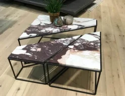 Couchtisch Split Platte Stein Calacatta Veneto Braun Beige Weiß Grau Gestell Metall Schwarz Pulverbeschichtet