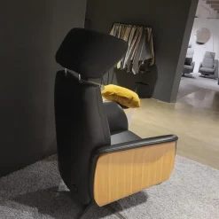 Drehsessel Aberdeen Leder 30 Nero Schwarz Holzblende Eiche Natur Sternfuß Edelstahl Mit 3 Motorischer Verstellung