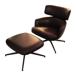 Drehsessel Piccadilly PPA1 Leder S9336 Fango Braun Schwarz Gestell Hochglänzend Zinnfarbig Mit Hocker PPF1