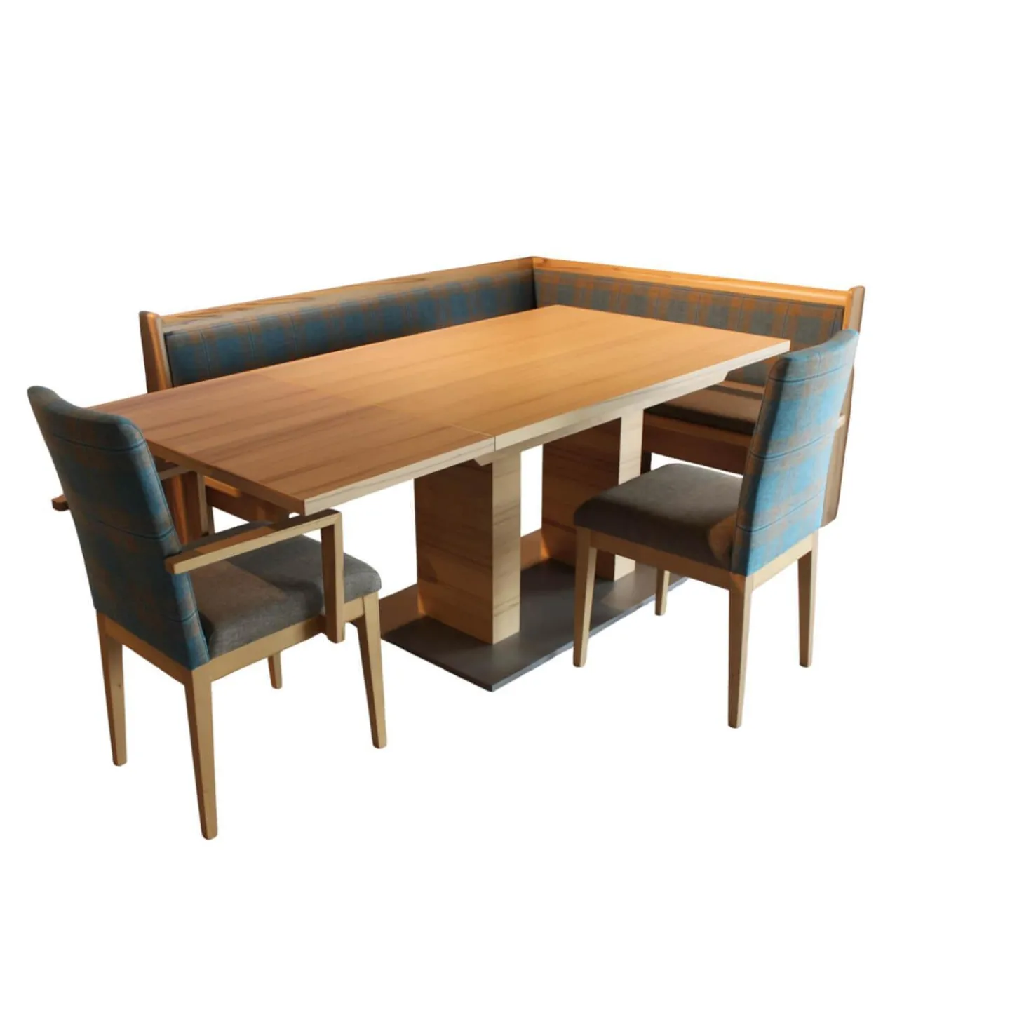 Eckbankgruppe Stoff Happ Uni Beige Karo Türkis Kernbuche Natur Tisch 2 Stühle Eckbank