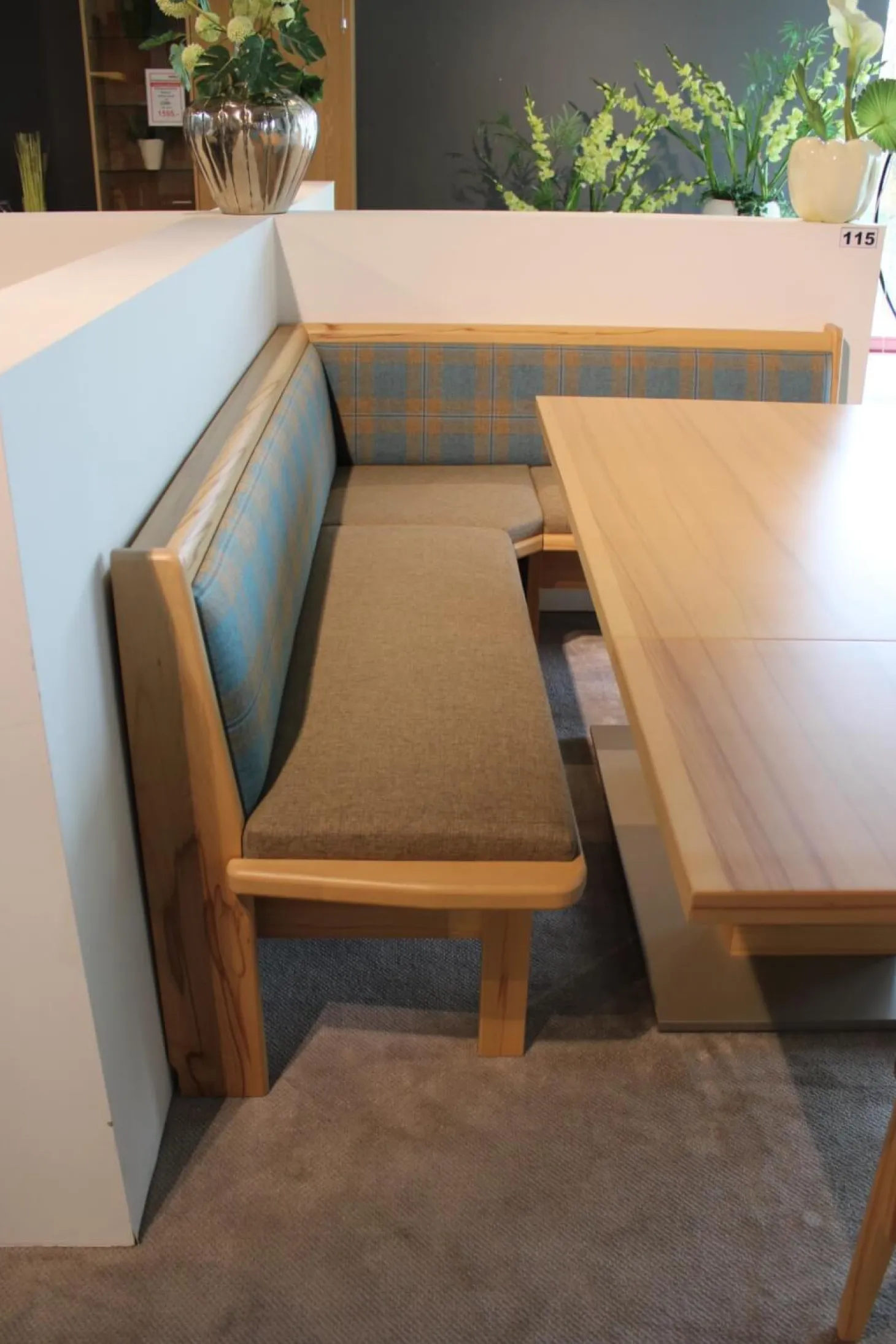 Eckbankgruppe Stoff Happ Uni Beige Karo Türkis Kernbuche Natur Tisch 2 Stühle Eckbank