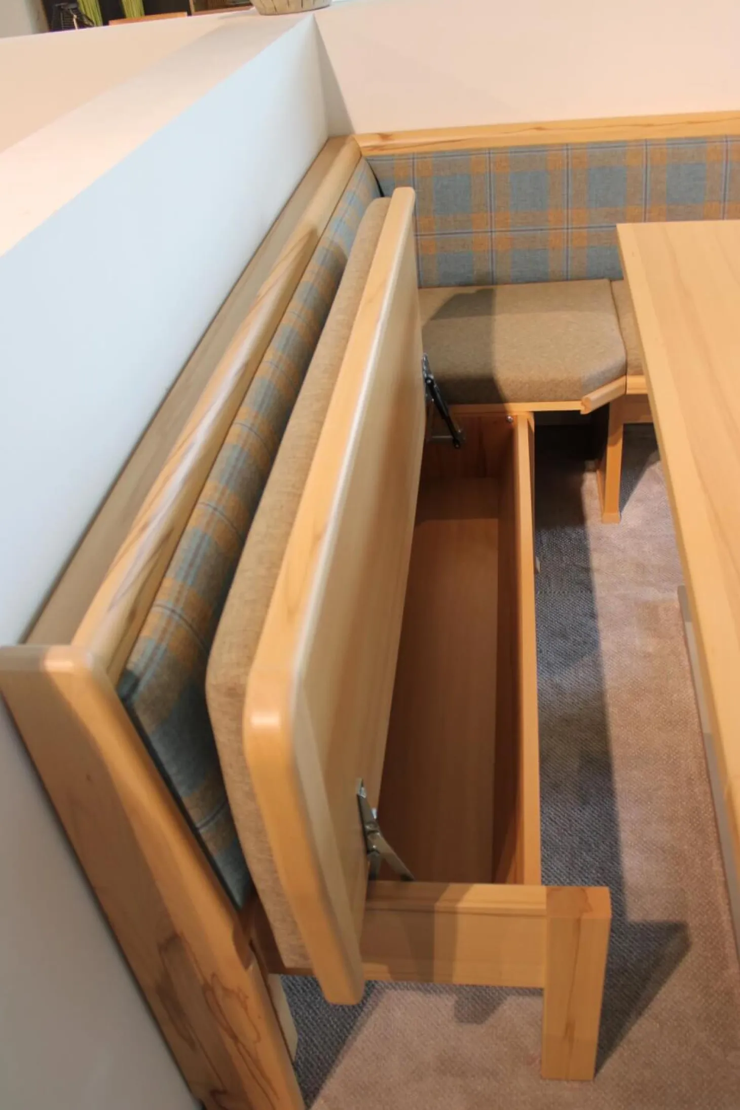 Eckbankgruppe Stoff Happ Uni Beige Karo Türkis Kernbuche Natur Tisch 2 Stühle Eckbank