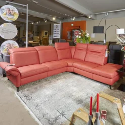 Eckgarnitur Luna Bezug Leder Kevin Cherry Fuß Schwarz Matt Mit Elektrischer Verstellung