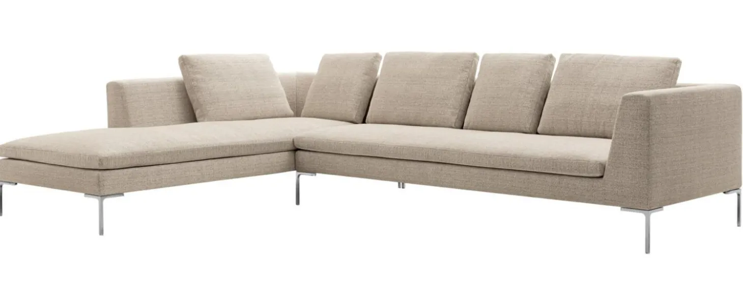 Eckiges Sofa Charles Stoff Chenille Elettra Bastfarben Beige Innenrahmen Stahlrohre Füße Aluminiumguss Mit Kissen