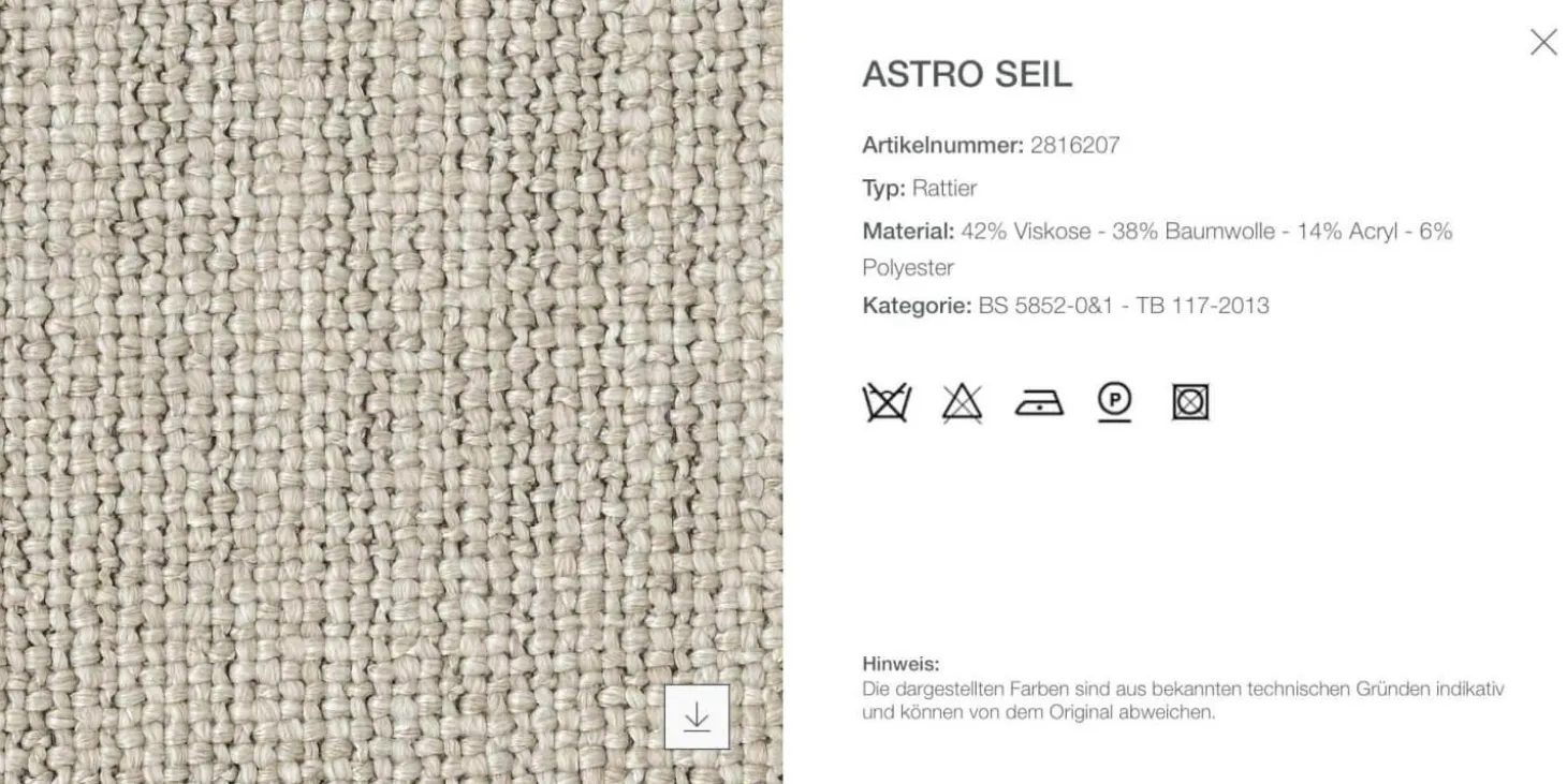 Eckiges Sofa Charles Stoff Rattier Seil Beige Innenrahmen Stahlrohre Füße Aluminiumguss Inklusive Kissen