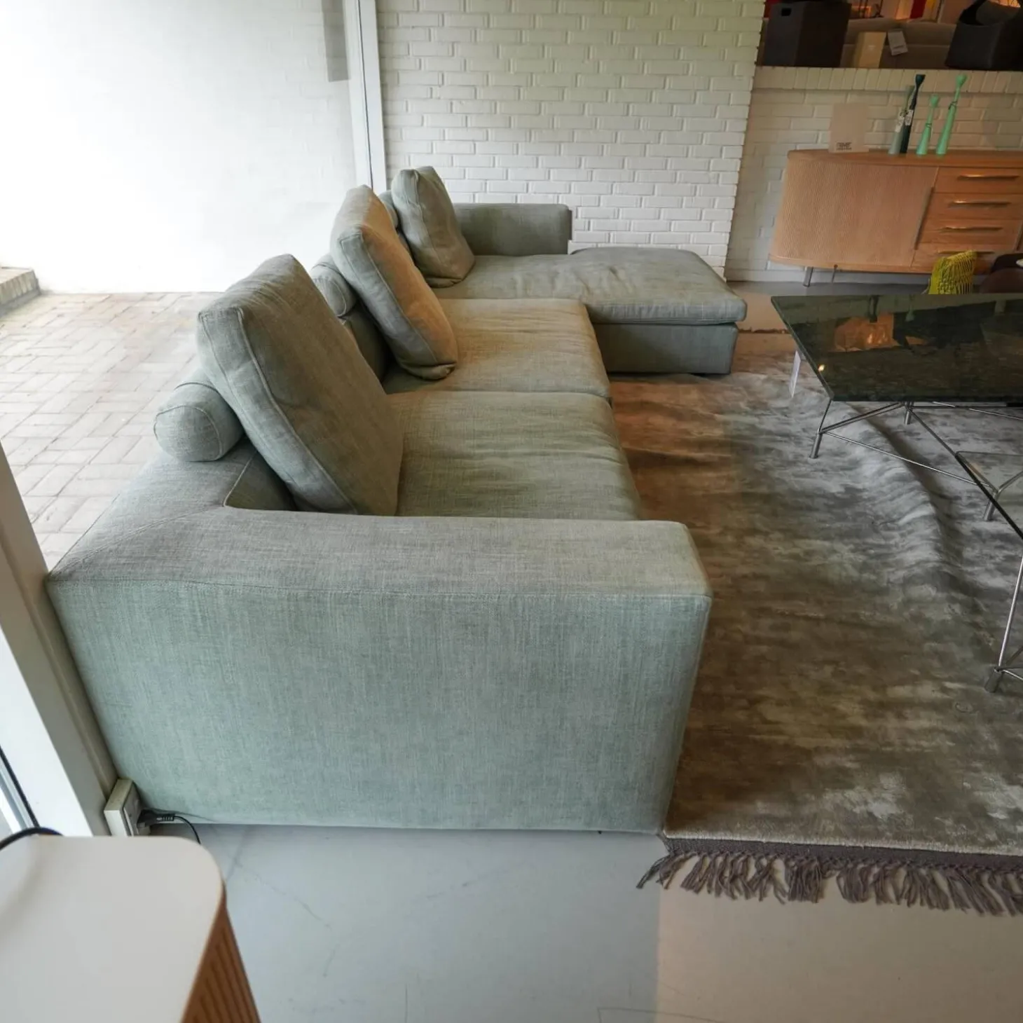 Ecksofa Bas Stoff Hellgrau Beine Kiefer Schwarz Gebeizt