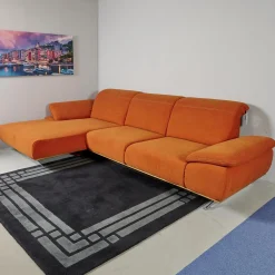 Ecksofa 4300 Stoff Vincent Soft Terra Orange Sichtrahmen Wildeiche Geölt Fuß Metallkufe Edelstahlfarbig Mit Hocker