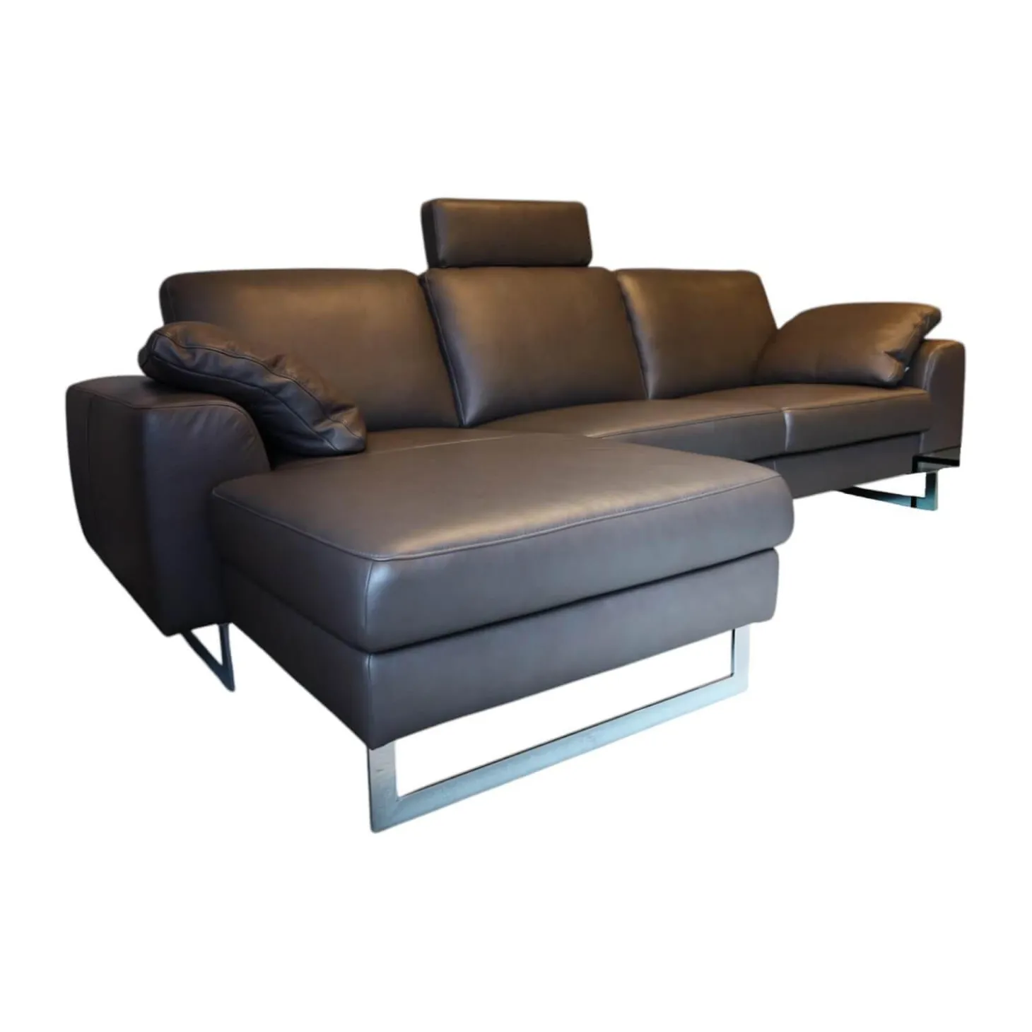 Ecksofa Alexx Leder Longlife Xtra 95 Graphit Grau Metallfuß F7T Chrom Mit Kissen Und Kopfstütze