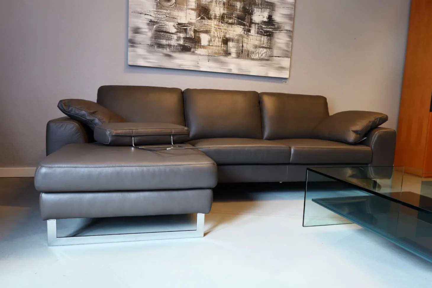 Ecksofa Alexx Leder Longlife Xtra 95 Graphit Grau Metallfuß F7T Chrom Mit Kissen Und Kopfstütze