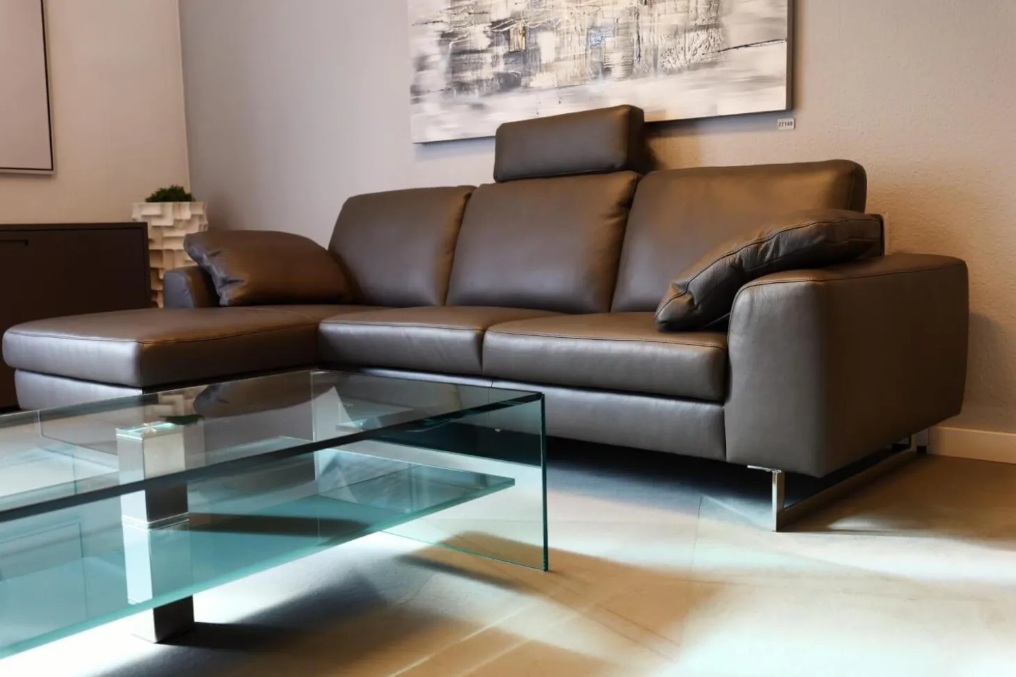 Ecksofa Alexx Leder Longlife Xtra 95 Graphit Grau Metallfuß F7T Chrom Mit Kissen Und Kopfstütze