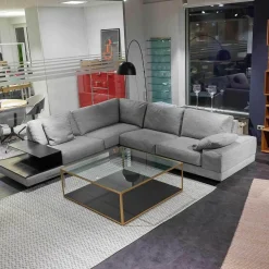 Ecksofa Andria Stoff Kairo 90 Grau Eiche Dunkel Geräuchert Mit Holzablage