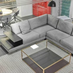 Ecksofa Andria Stoff Kairo 90 Grau Eiche Dunkel Geräuchert Mit Holzablage