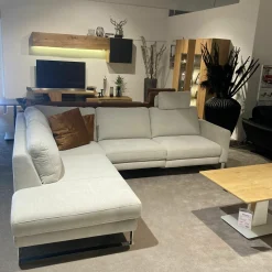 Ecksofa Anna A Stoff Carmen Naturel Beige Kufengestell Metall Chromfarbig Mit Motorischer Relaxfunktion