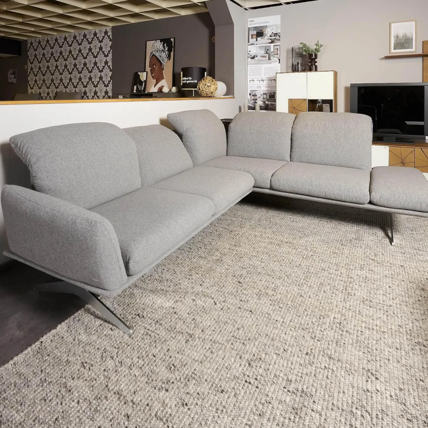 Ecksofa Calmo Stoff Clever Clean 13-Educa 93 Grau Fuß Kufe Nr 1 Nickel Satiniert