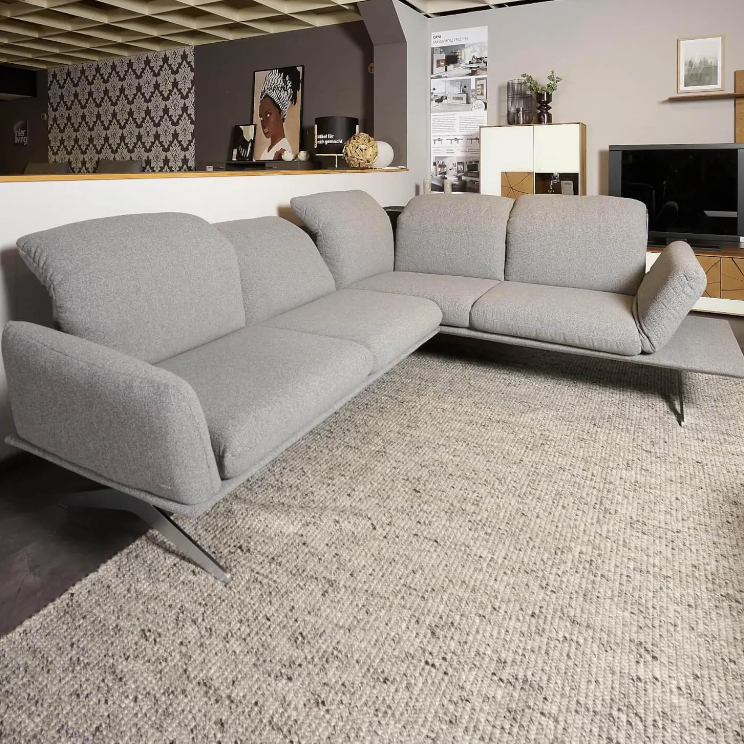 Ecksofa Calmo Stoff Clever Clean 13-Educa 93 Grau Fuß Kufe Nr 1 Nickel Satiniert