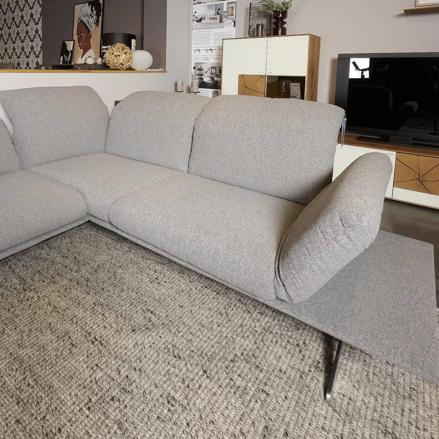 Ecksofa Calmo Stoff Clever Clean 13-Educa 93 Grau Fuß Kufe Nr 1 Nickel Satiniert