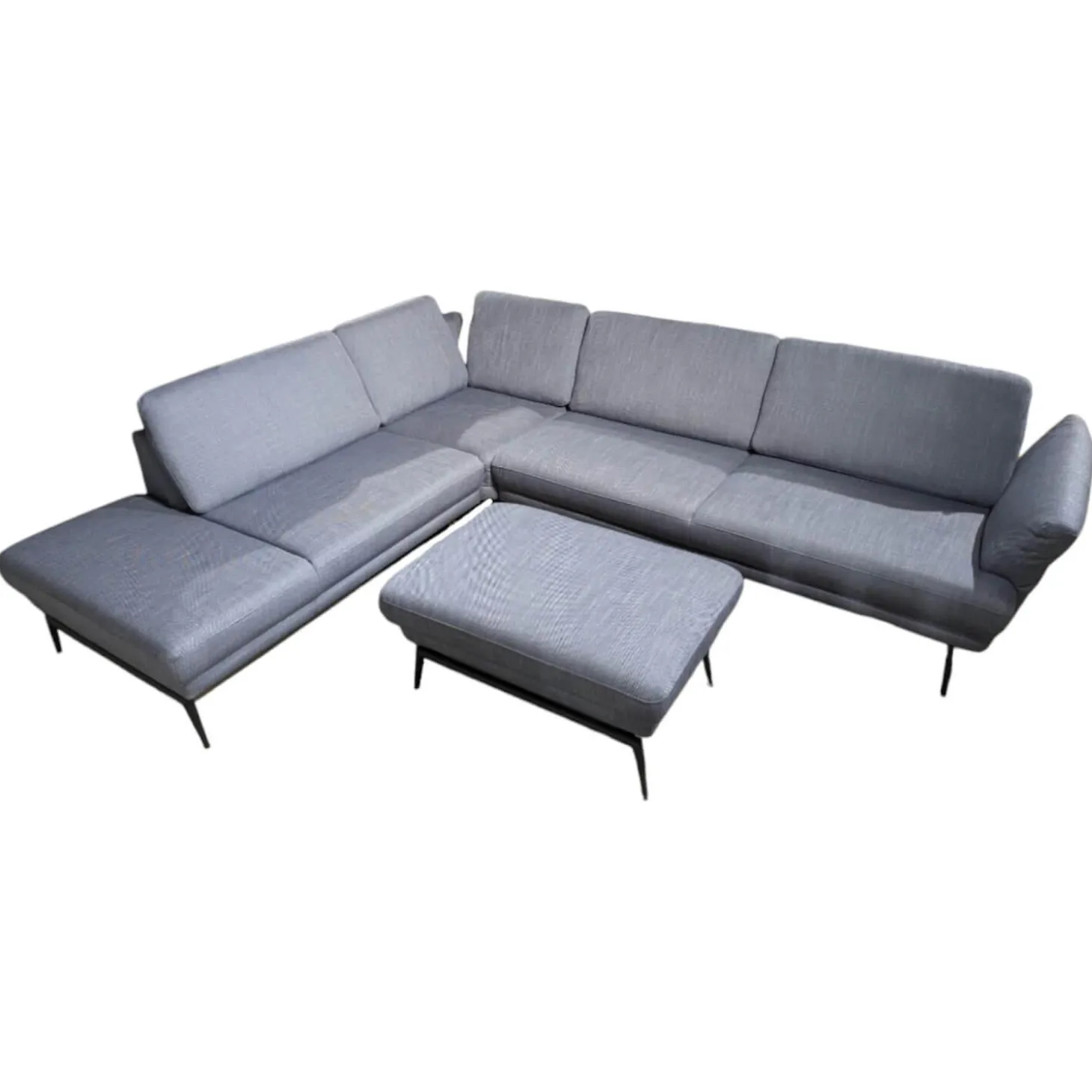 Ecksofa Caruba Stoff Elsass Blau Gestell Aluminium Füße Pulverbeschichtet Aluminium Schwarz Mit Manuellen Verstellungen Inklusive Hocker