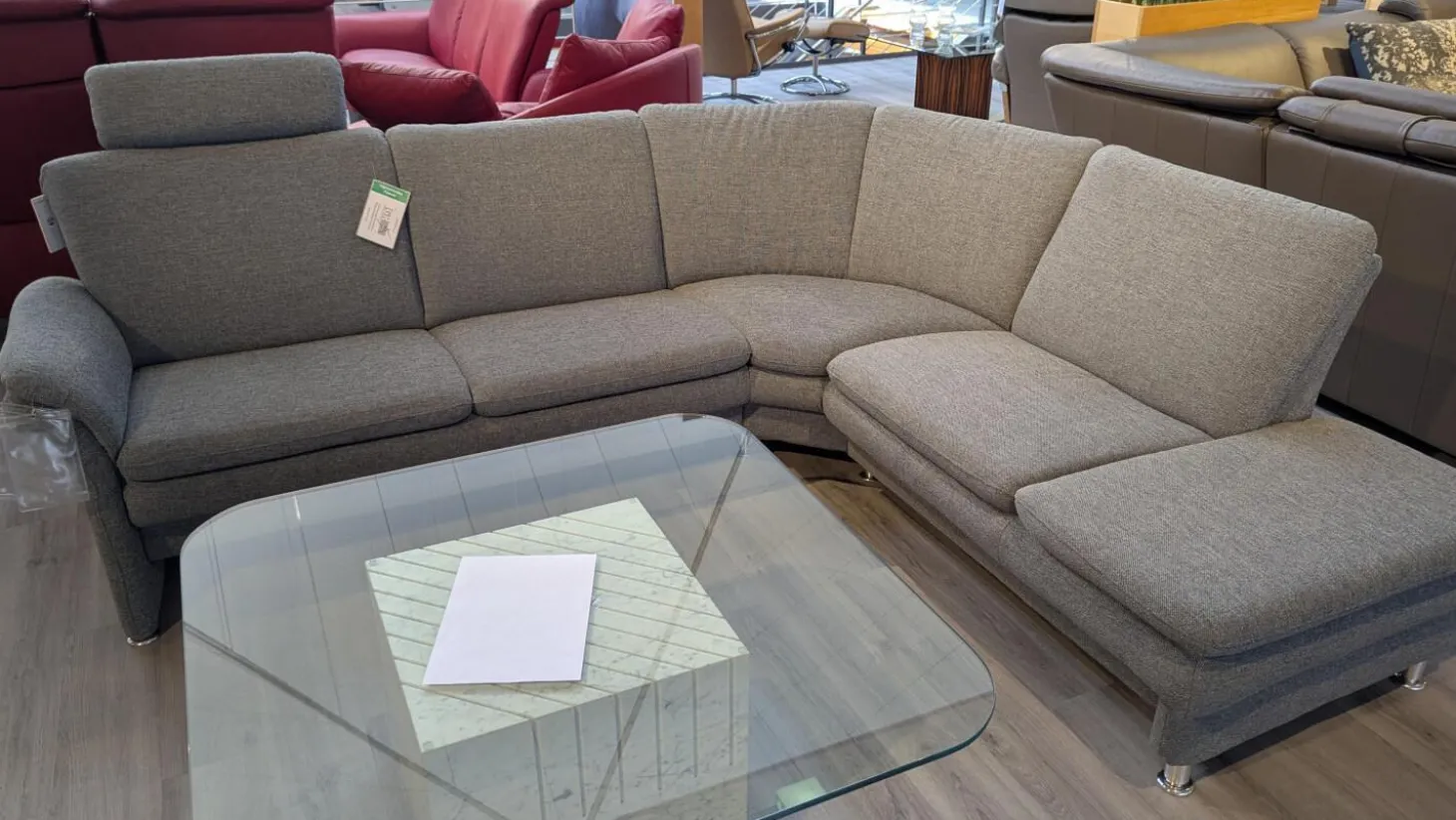 Ecksofa Chronos Stoff Medusa Rauchblau Grau Blau Metallfuß M01 Poliert Armlehne Klappbar Inklusive Kopfstütze