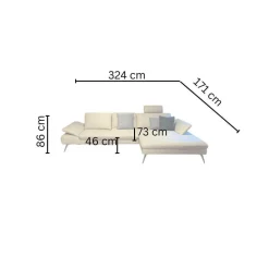 Ecksofa Collina Leder WP Ecru L50 Beige Metallfüße Gebürstet Inklusive Kopfstütze