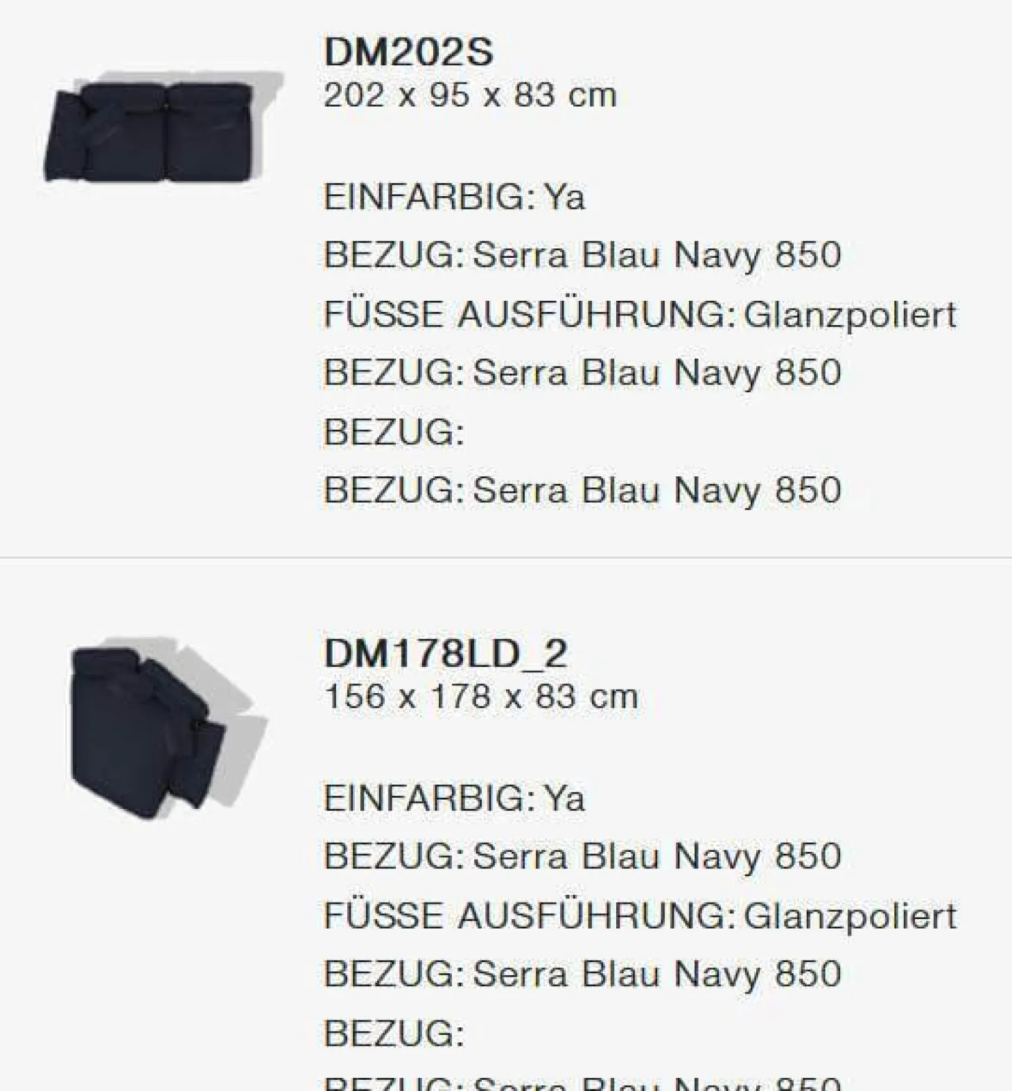 Ecksofa Dambo Stoff Serra 850 Blau Navy Füße Glanzpoliert mit 4 Kissen
