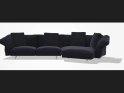 Ecksofa Dambo Stoff Serra 850 Blau Navy Füße Glanzpoliert mit 4 Kissen