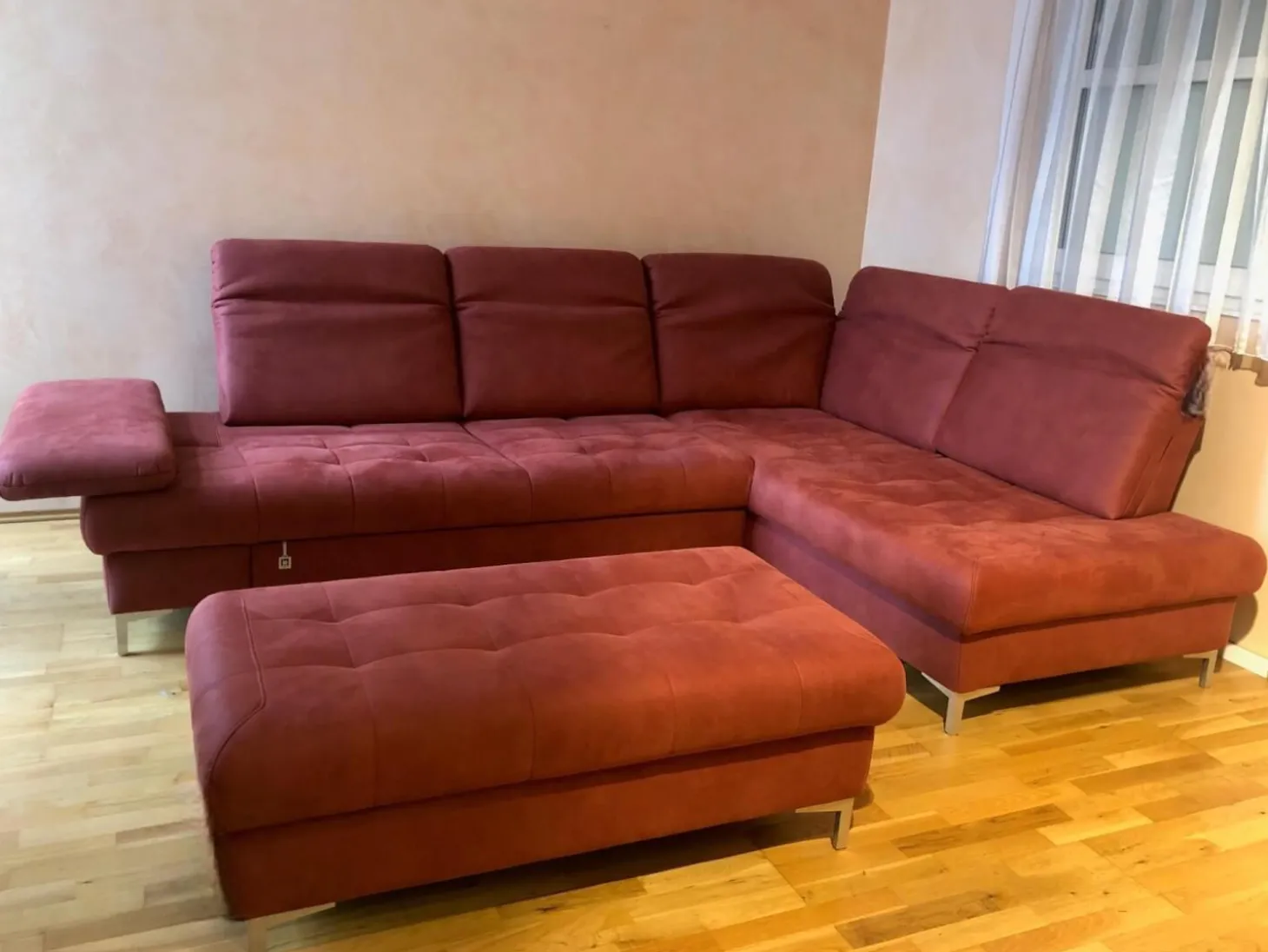 Ecksofa Family Relax 3 Stoff Deluxe Ziegel Rot Füße Metall Mit Bettauszug Inklusive Hocker