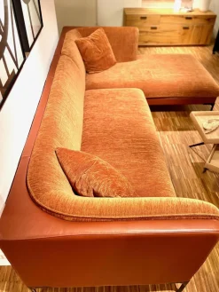 Ecksofa Frej Stoff Chenille Und Echtleder Cognac Orange Braun Winkelfüße Metall Schwarz