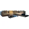Ecksofa Grand Suite Stoff Lino 7706 Pearl Grau Beige Ablage Leder Saddle Coffee Braun