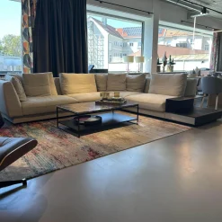 Ecksofa Grand Suite Stoff Lino 7706 Pearl Grau Beige Ablage Leder Saddle Coffee Braun